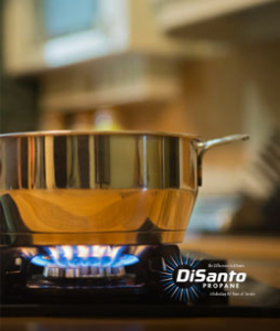 Pot on stove with blue flame burning.