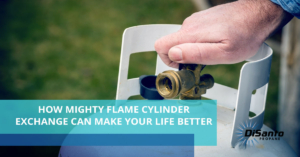 A person holding a propane tank with the words " mighty flame cylinder can make your life better ".