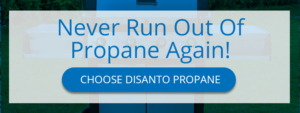 A blue and white sign with the words " power run out propane again ".