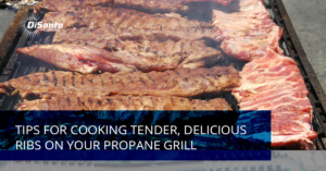 A close up of meat on the grill with text