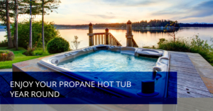 A blue hot tub with the words " outdoor propane hot tub island ".