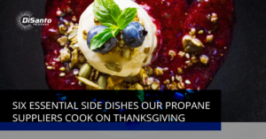 A close up of some food with the words " special side dishes our propane cook on thanksgiving ".