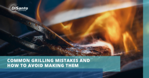 A fire is burning in the background with text that reads, " grilling mistakes and avoid making them ".
