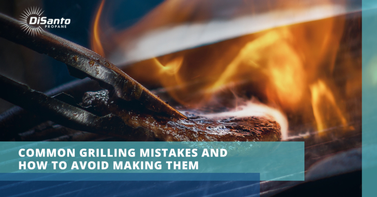 A fire is burning in the background with text that reads, " grilling mistakes and avoid making them ".