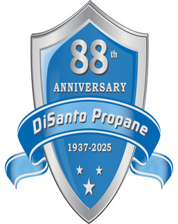 A blue and silver shield with the words " 8 8 th anniversary disanto propane 1 9 3 7-2 0 2 5 ".