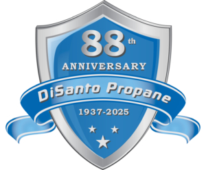 A blue and an silver shield with the words " 8 8 th anniversary disanto propane 1 9 3 7-2 0 2 5 ".